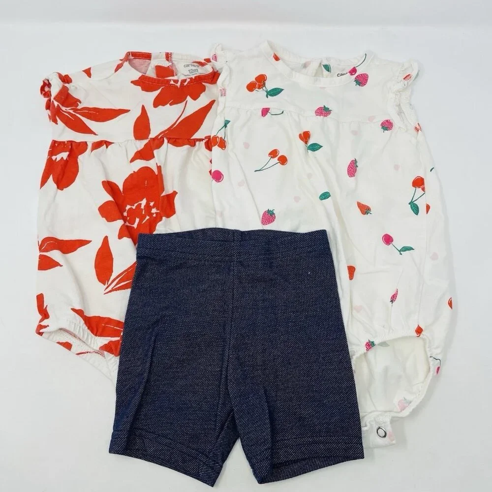 Carters Baby Girls Size 12 Months 3 Piece Bodysuits‎ & Short Summer Set 1275